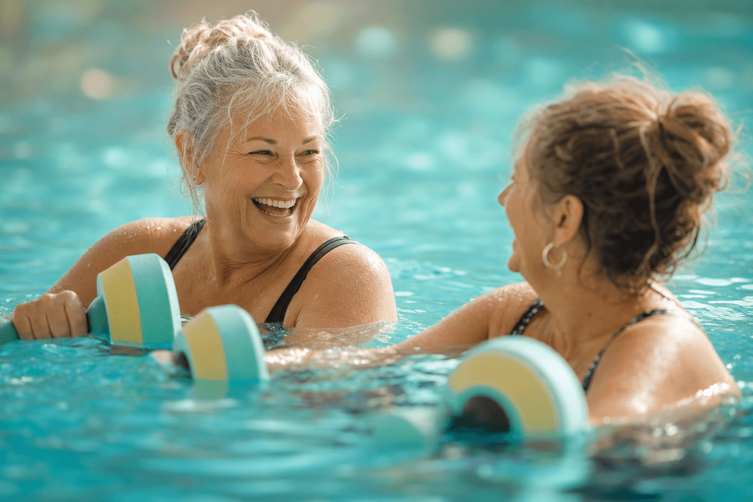 Dwie uśmiechnięte uczestniczki zajęć aqua aerobic w ciepłej wodzie